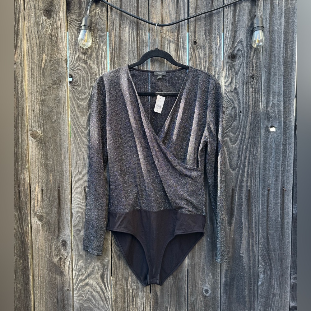 NWT Ann Taylor Black and Silver Metallic Thread Glittery Long Sleeve Bodysuit Lg